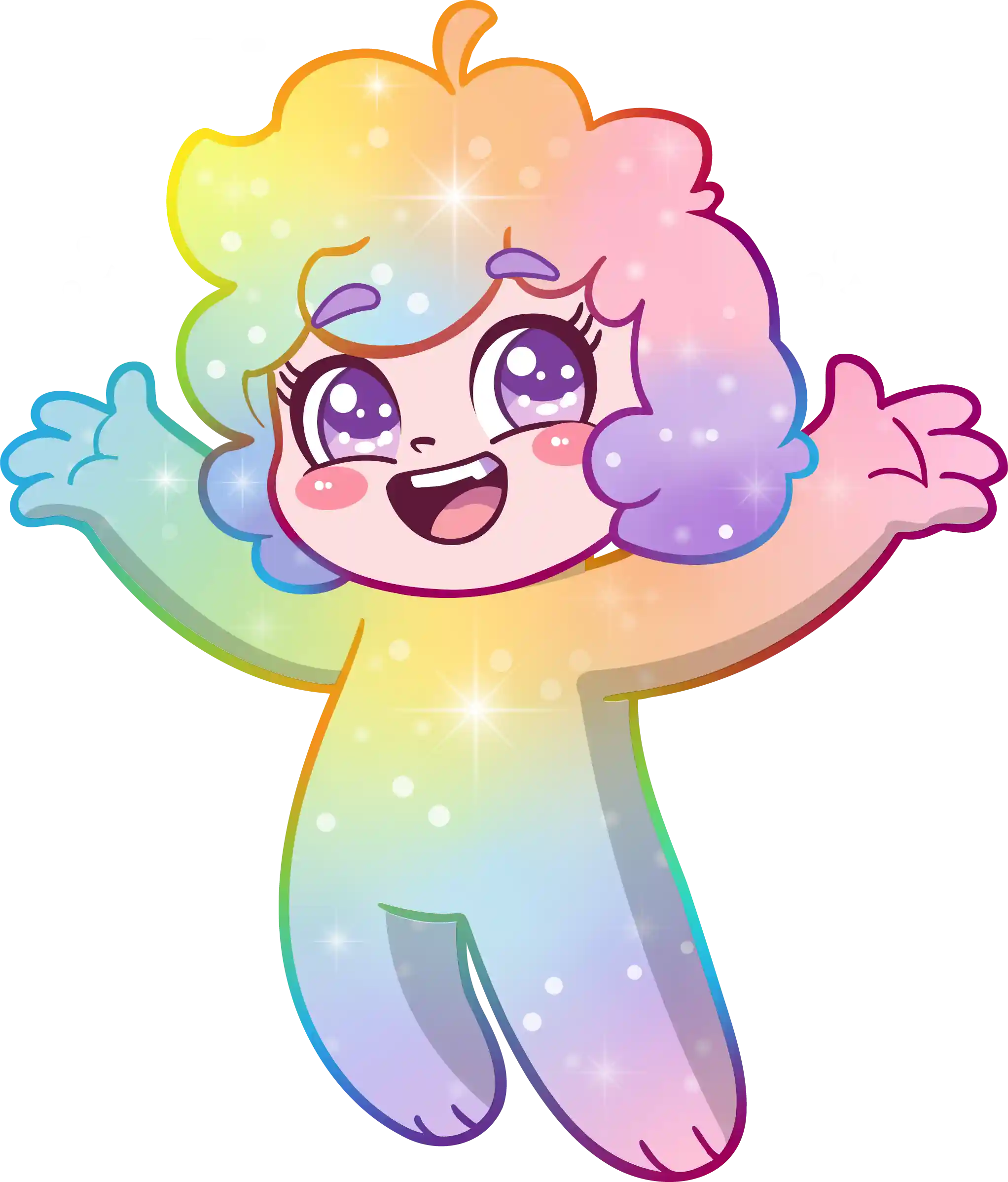 Iris, la mascota oficial de Fiesta en un Click, un personaje animado colorido con cabello de arcoíris, estrellas brillantes y brazos abiertos.