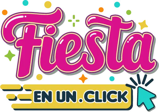 Logotipo oficial de Fiesta en un Click con tipografía rosa vibrante, destellos y puntero de selección turquesa.