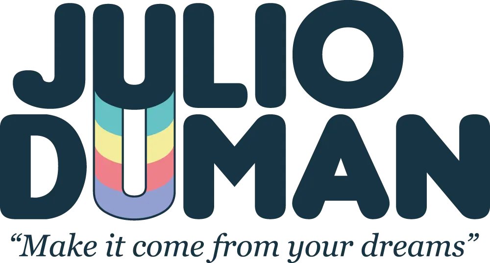 Logotipo de Julio Duman con el eslogan "Make it come from your dreams", mostrando tipografía en azul oscuro y un detalle gráfico en forma de "U" con colores pastel (turquesa, amarillo, coral y lavanda).