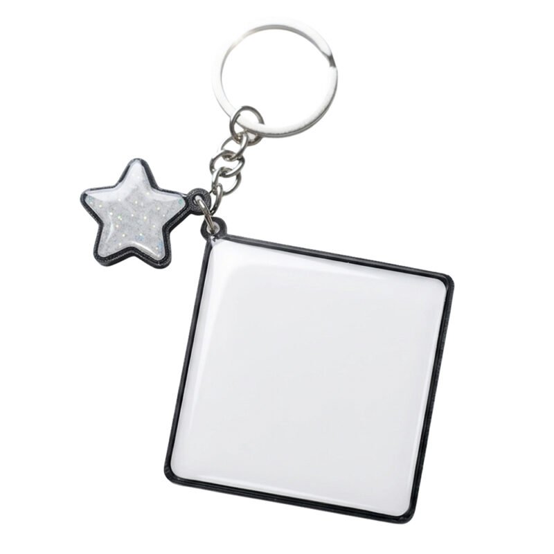 Base de llavero cuadrado blanco para personalizar, con marco negro impreso en 3D, recubrimiento de resina brillante y dije de estrella con glitter plateado.